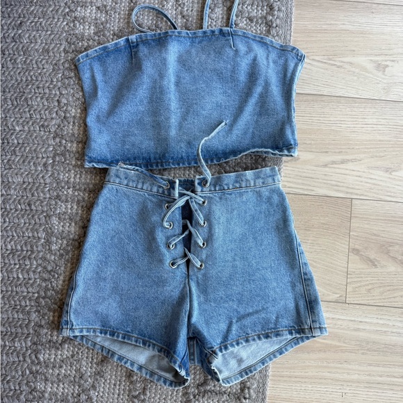 x REVOLVE Lace Up Top & Shortd in Medium Wash - Picture 5 of 11